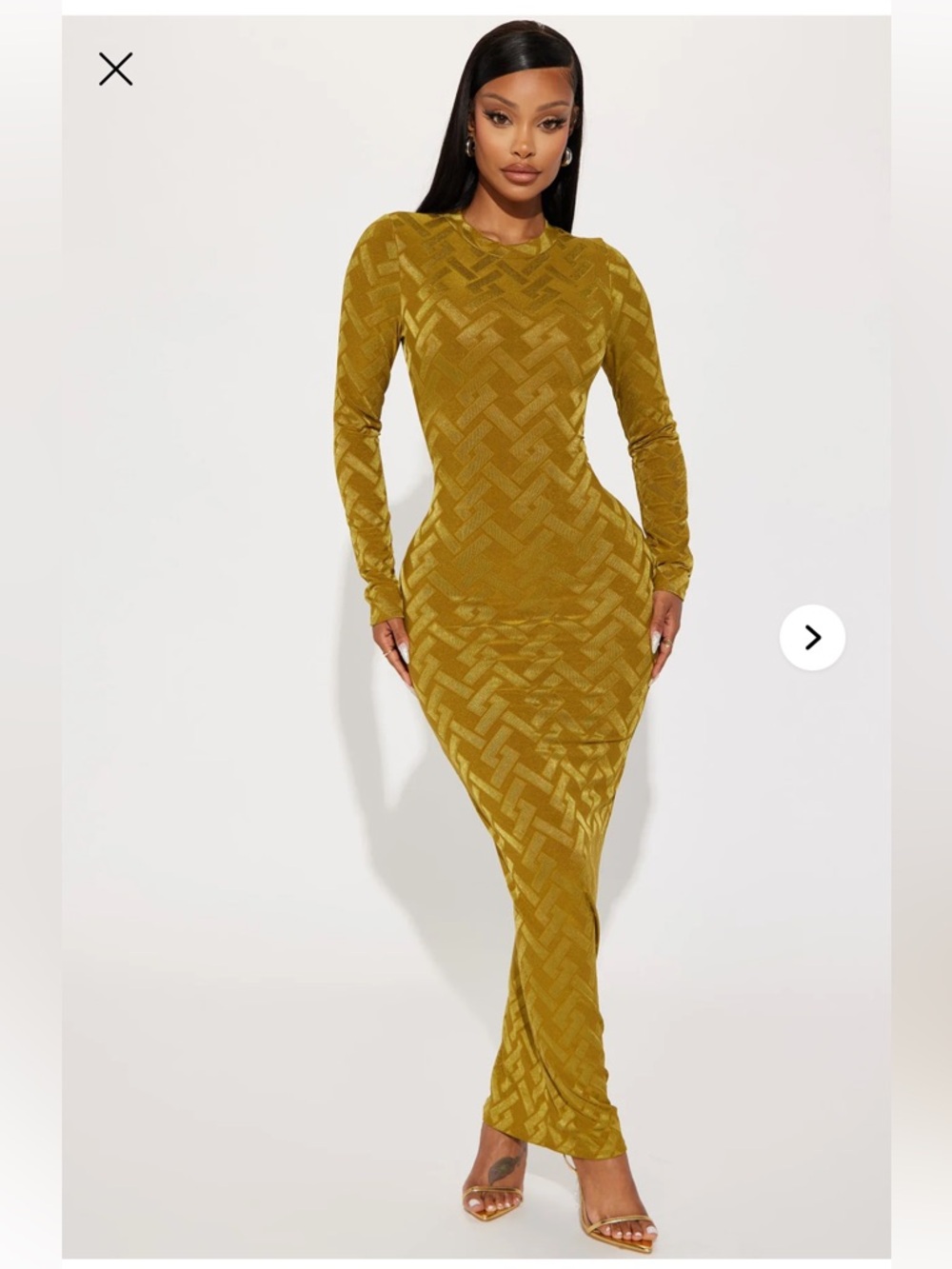 Long Sleeve Mustard Yellow Patterned Maxi Dress